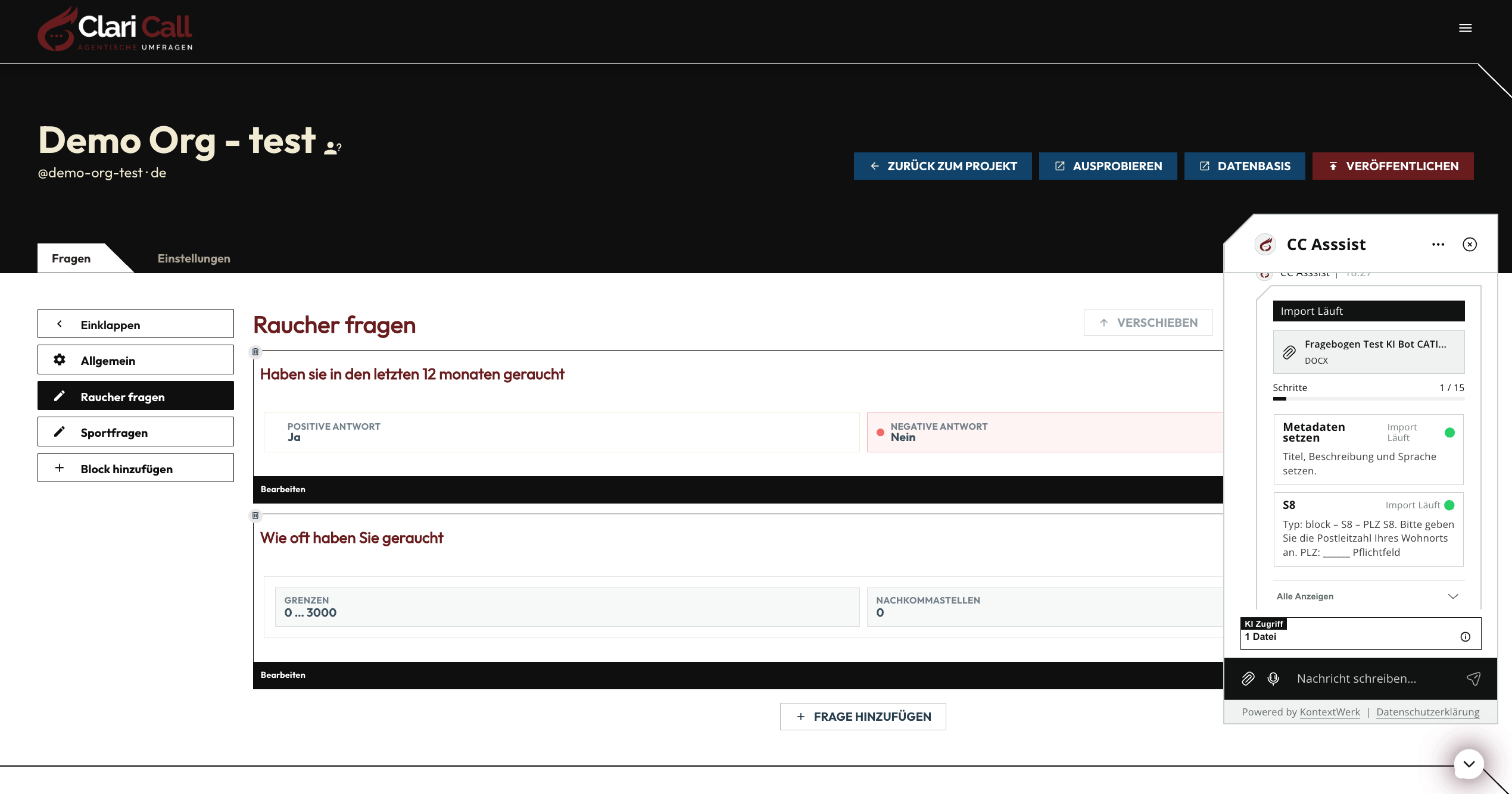 ClariCall – Verwaltung von Fragebögen